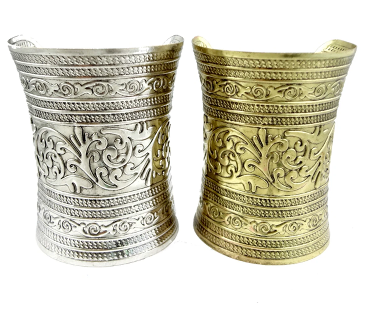 Brazalete de bronce Vintage gitano para hombres y mujeres, brazaletes y pulseras de mano abierta ancha, flor grande etíope, joyería de brazo Boho Punk India