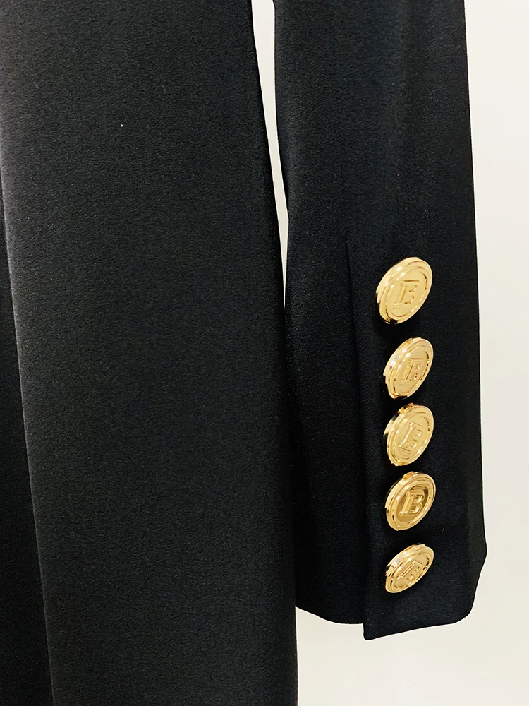 HIGH STREET Newest 2024 Designer Fashion Women's Metal Button Rhinestone Diamonds Beading Badge Shawl Collar Long Blazer 5