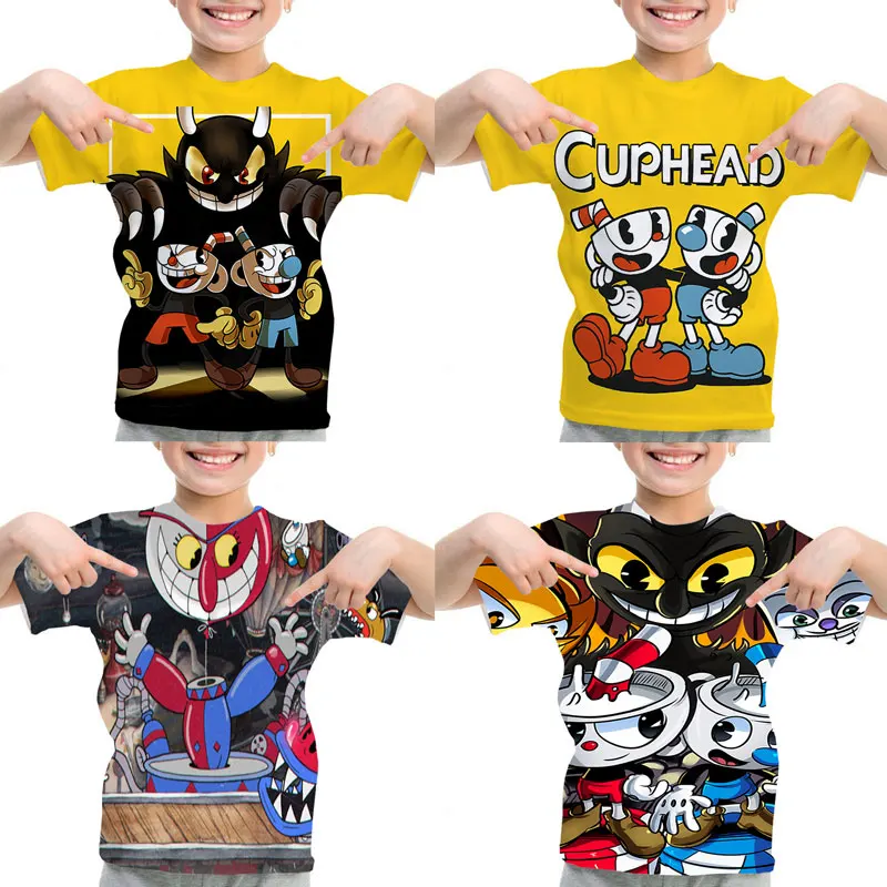 Gioco Cuphead T Shirt Bambini Estate Manica Corta Maglietta Casual Bambini Cuphead Stampa T-Shirt Ragazzi Ragazze Cartoon Tee Top Camisetas