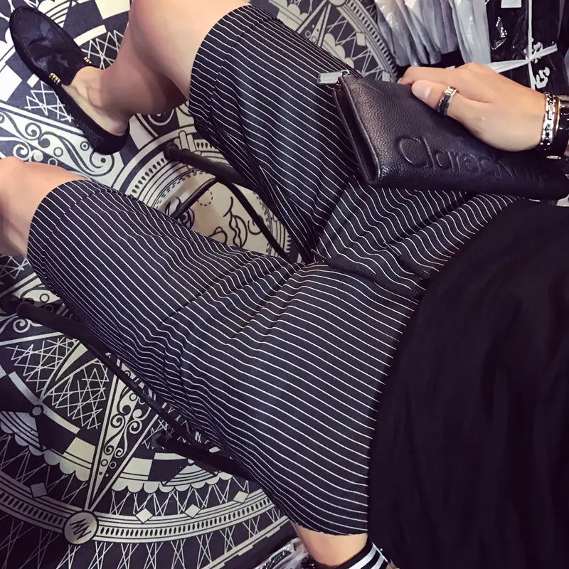 2023 Summer New High Street Striped Pockets Drawstring Straight Pants Man Korean Style Slim Thin Style Street Knee Length Shorts