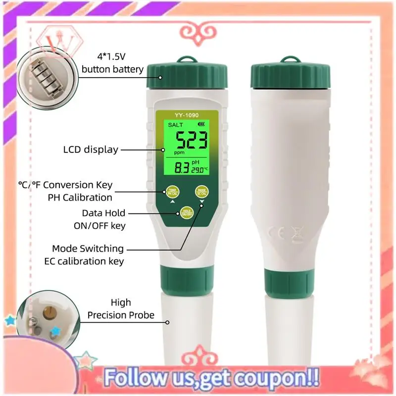 Upgraded 5 In 1 PH/EC/TDS/Salt/Temp PH Meter Swimming Pool Salinity Tester For Drinking Water Aquarium Aquaculture Sp