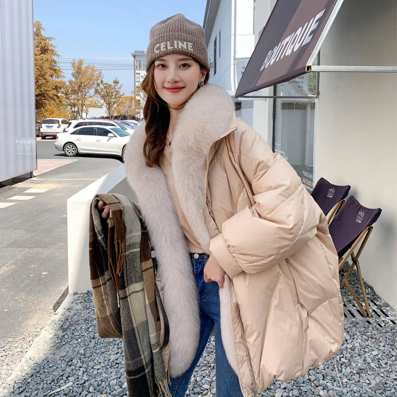 Women's Winter Casual Down Jacket Long Luxury 100% Fox Fur Collar Loose Warm Fashion Fur Slim-fit Temperament Coat 2023