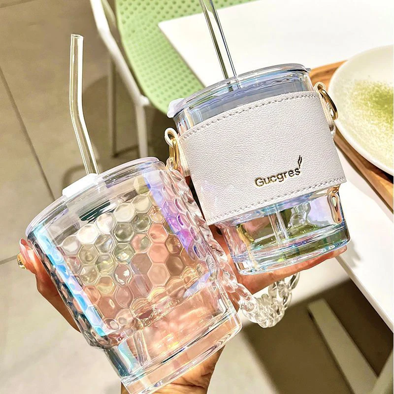 Crystal Clear Coffee Milk Juice Cup with Sleeve Strap 420ML Large Capacity Beer Wine Glass Portable Leakfree Dessert Straw Cup