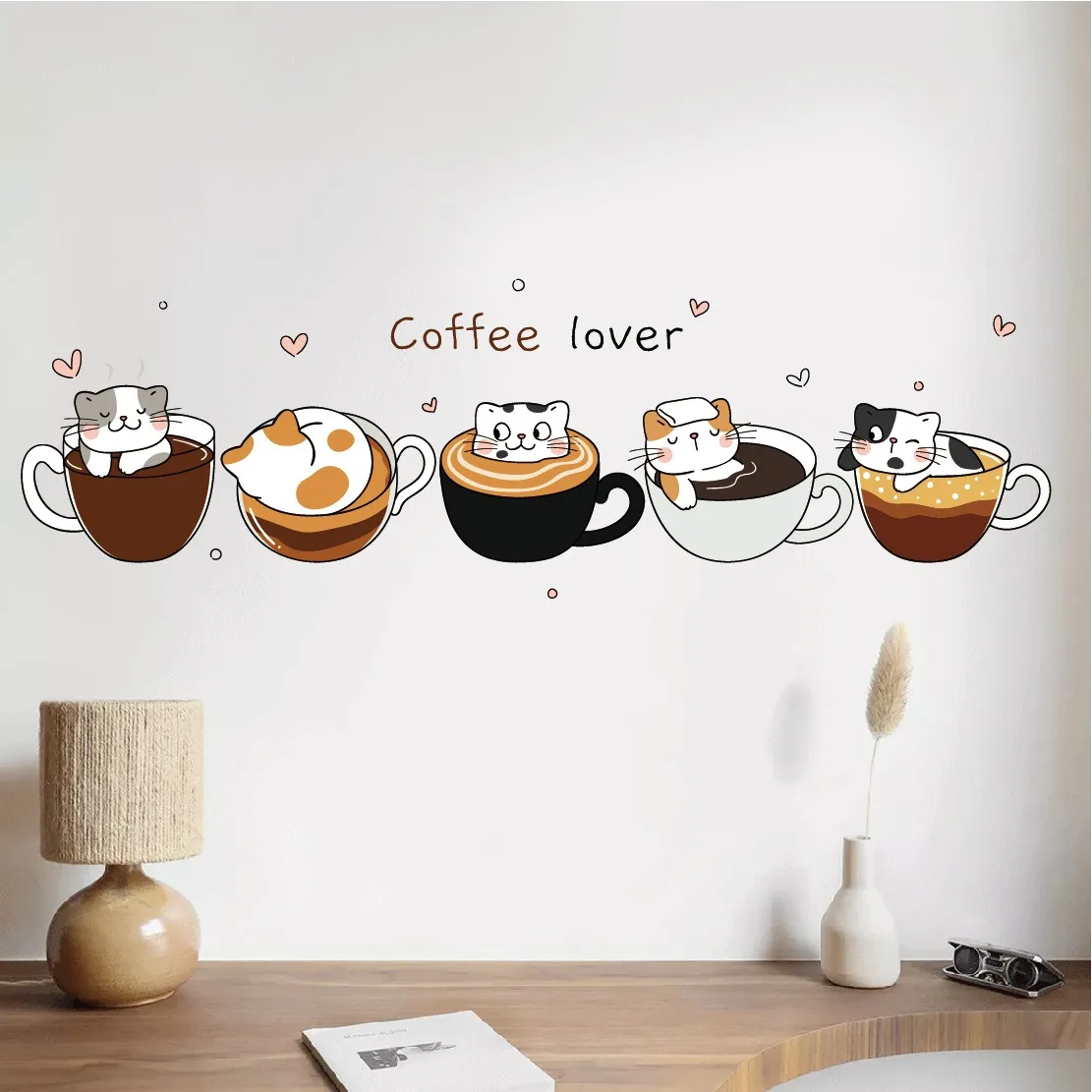 COFFEE cute cat cartoon wall stickers Restaurant living room cafe background wall decoration self-adhesive wall stickers