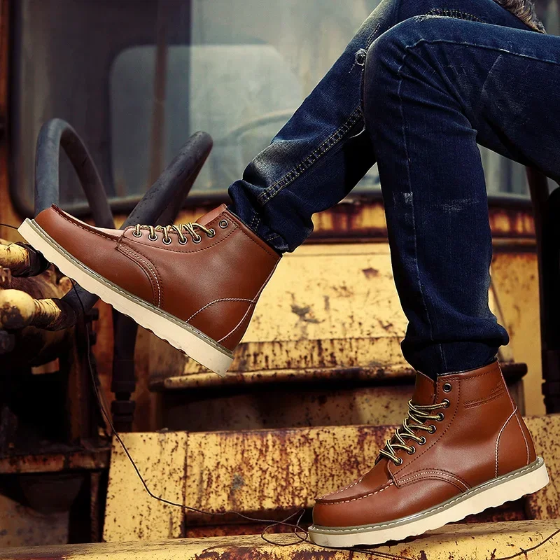 Winter Warm Men Boots Leather Mens Snow Boots with Fur Handmade Waterproof Male Ankle Boots No-slip High Top Male Work Shoes - 6