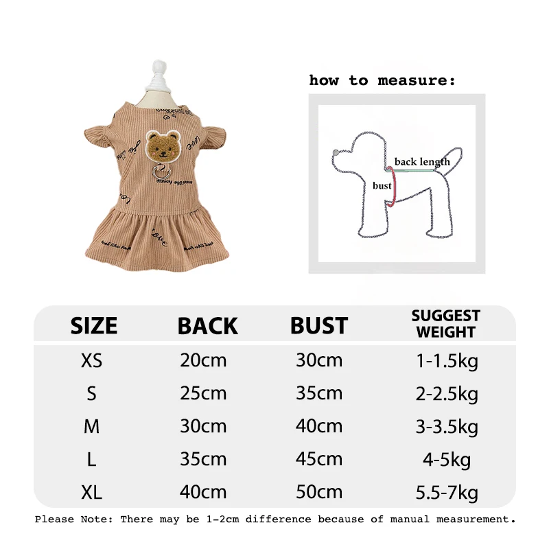 Cute Teddy Bear Dog Dress Luxury Corduroy Skirt Chihuahua Traction Harness Puppy Spring Clothes Carnival Costumes for Small Pets