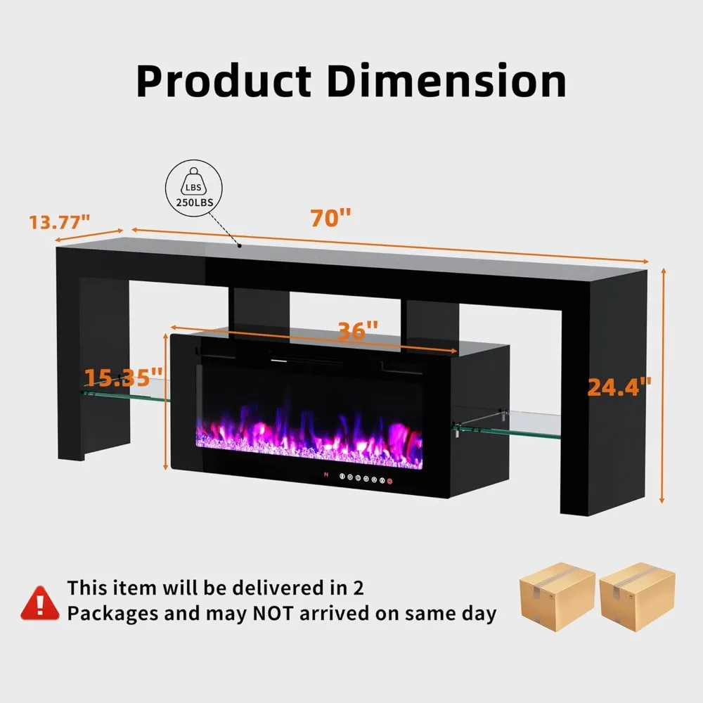 Modern 70" TV Fireplace Stand with 12-Color LED Lights & 12-Color Flame, High Gloss Floating Fireplace Entertainment Center 6