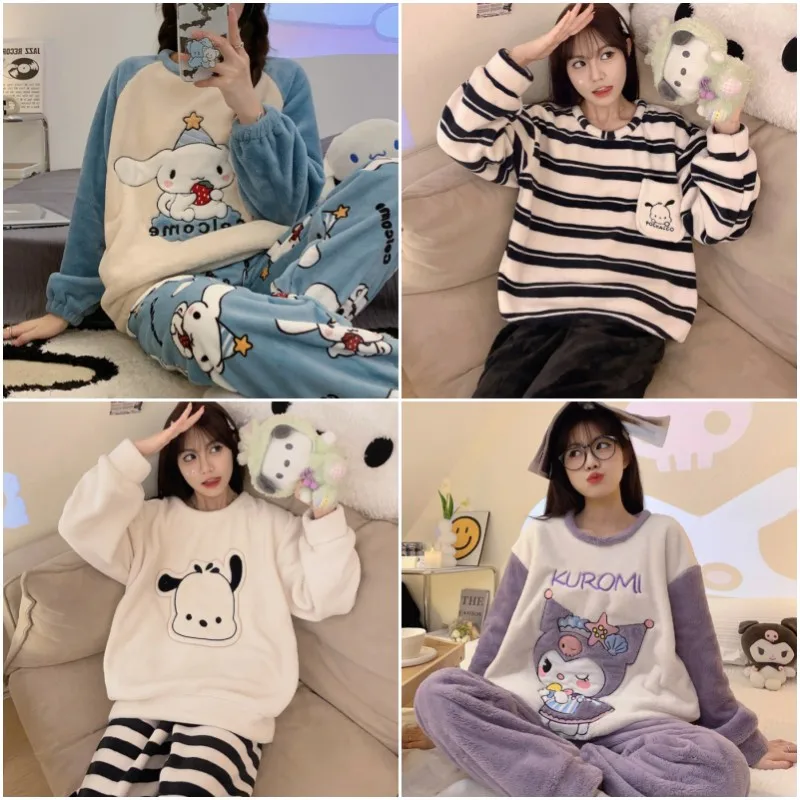 

Sanrios Girl Flannel Pajamas Kuromi Cinnamoroll Pochacco Anime Cartoon Cute Coral Velvet Autumn Winter Warm Home Clothing