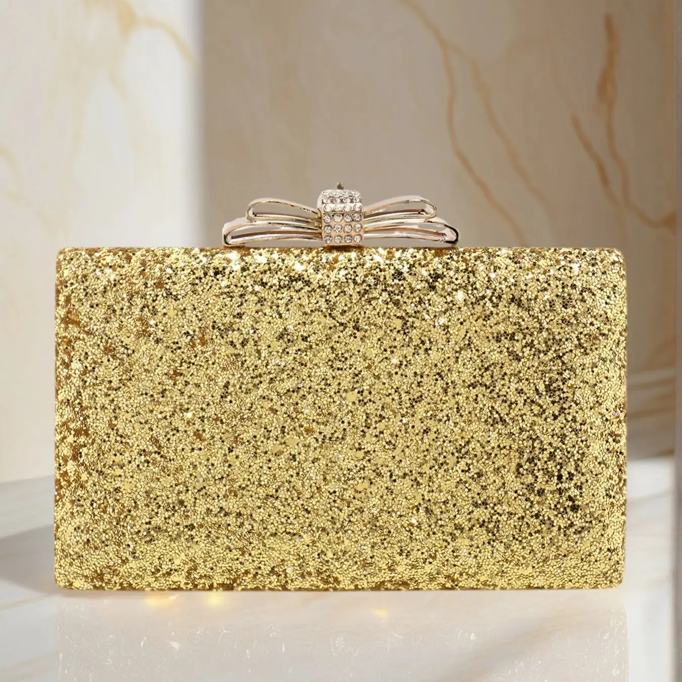 Women Sequined Evening Shoulder Handbags with Metal Chain and Diamonds