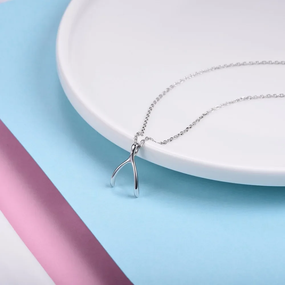 U7 925 Sterling Silver Wishbone Bone Necklace Women Good Luck Pray Wishes Anniversary Mothers Day Jewelry Gift for Her SC44 QC24 pendant necklace silver necklace
