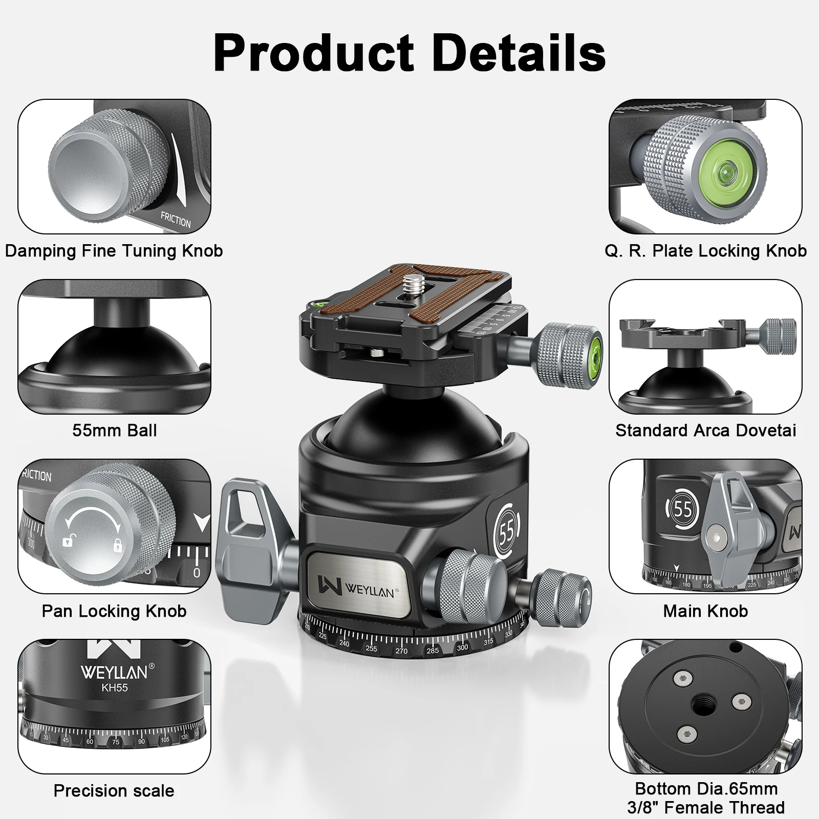 KH55 55mm Low Profile Ball Head Closed-Body Heavy Duty Tripod Head With Mlok Arc