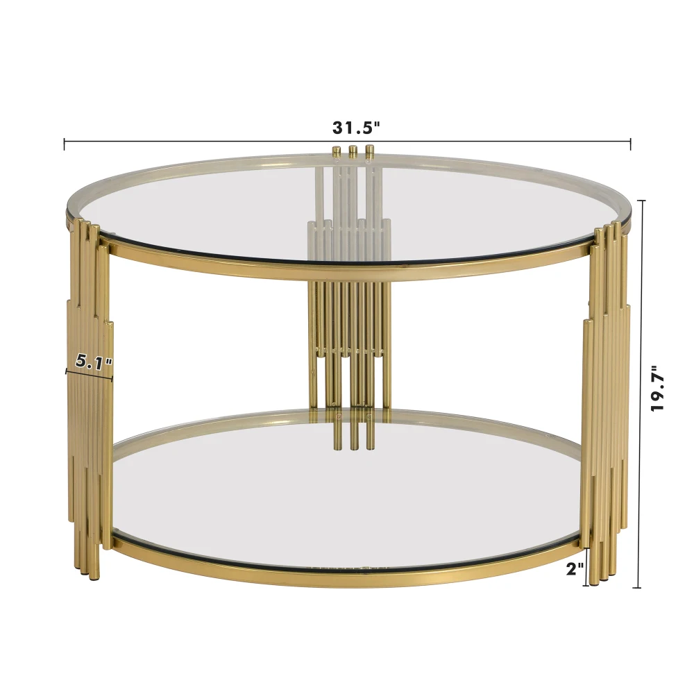 Modern Glass Coffee Table in 31.5", Asymmetrical Metal, Circular Metal Drum Base, Gold Finish & Lower Shelf 4