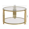 Modern Glass Coffee Table in 31.5", Asymmetrical Metal, Circular Metal Drum Base, Gold Finish & Lower Shelf 4