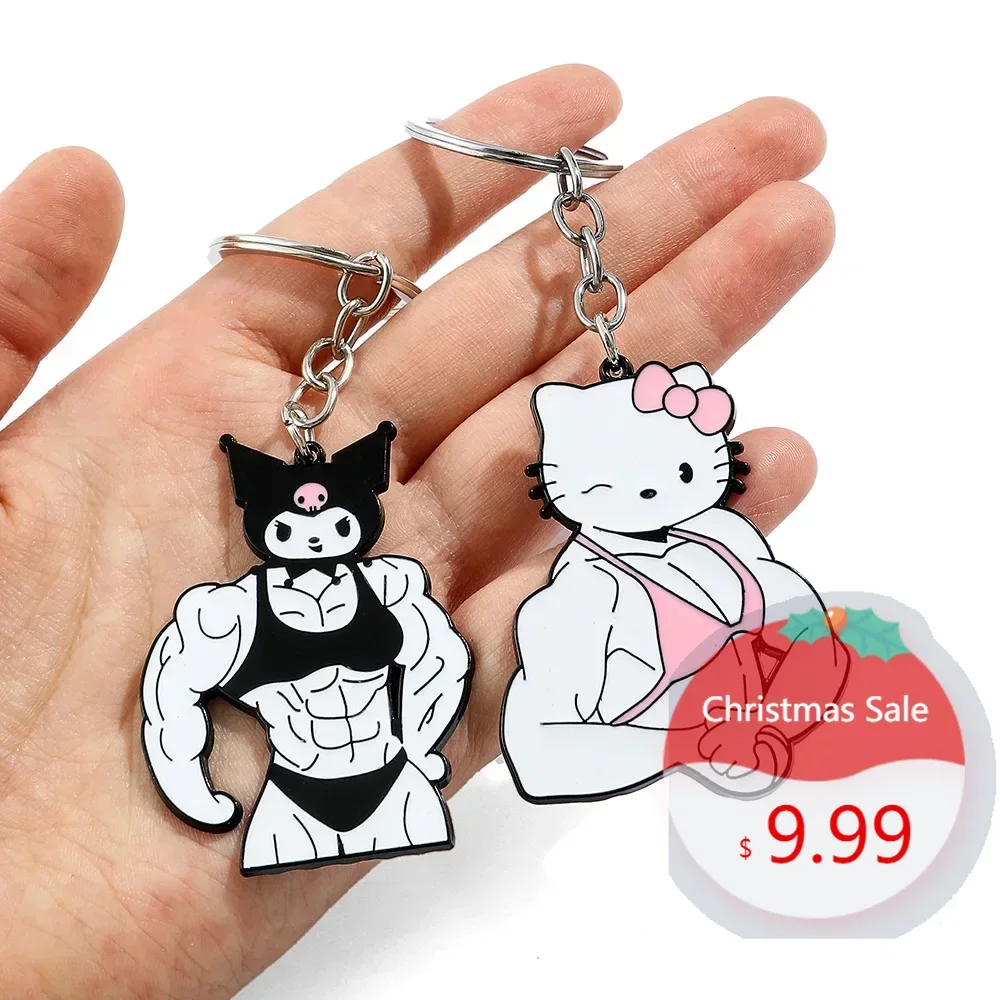 

Sanrioed Hello Kitty Kuromi Anime Figure Keychain Muscle Man Funny Accessories Fitness Bag Pendant Cute Boyfriend Birthday Gift