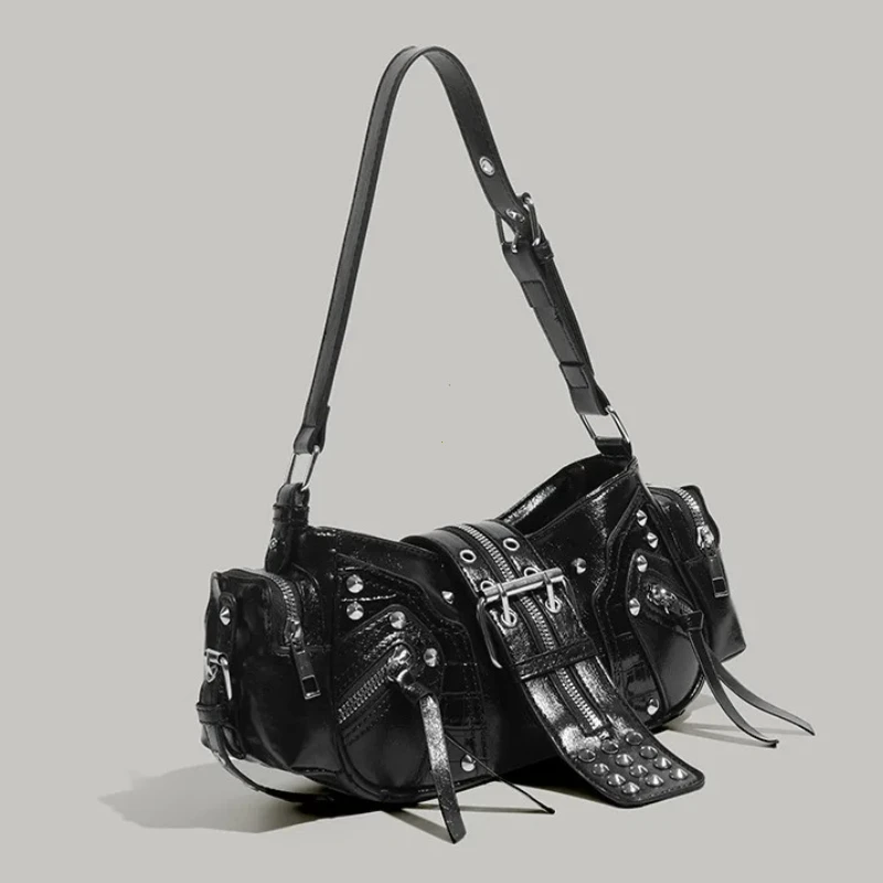 Women's Y2k Punk Vintage Shoulder Purse PU Leather Gothic Rivet Handbag Waist Bag Luxury Black Cross Body Bags with Spikes