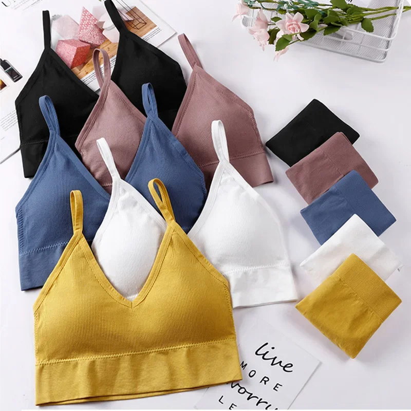 Women Underwear Set French Backless Push Up Sexy G-String Seamless Bralette Soft Tank Crop Top Gym Sport Bra Set