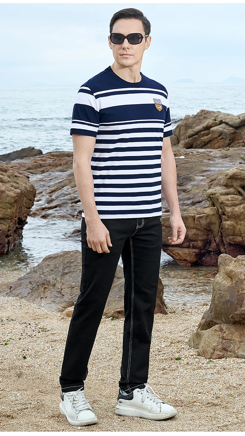 New Straight Men's Short T-shirt Round Neck Bruce&Shark Fashion Men's Stripe Tee Stretch Cotton Summer Breathable Tops Big Size 23 Sd3c6ac0cda1142e19b233e7c992d3769J