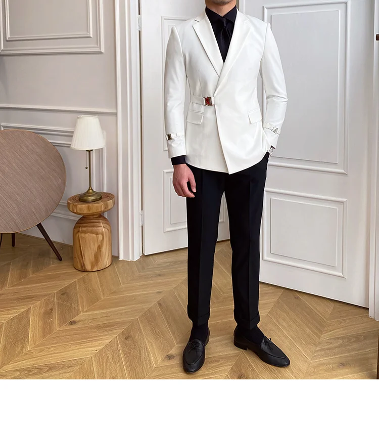 Solid Metal Buckle Decoration Blazer For Men Party Wedding Banquet Blazer Italian Designer Suit Jacket Slim Fit Blazer Homme
