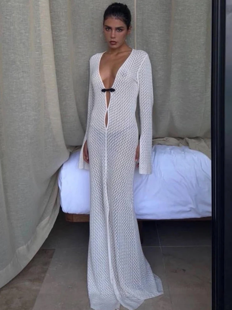 

White Knit Maxi Dress Sexy Deep V-neck See Through Vacation Beach Dress 2023 Spring Summer Fashion Long Split Cover Up Beachwear