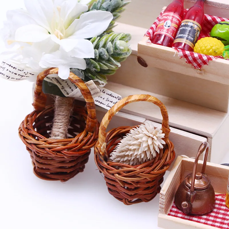 Dollhouse Miniature Rattan Woven Hand Willow Tiny Wicker Basket Easter Party Wedding Flower Picnic Mini Fairy Garden Decor