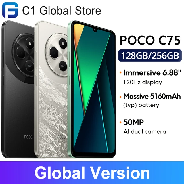 Global Version POCO C75 Smartphone NFC 120Hz 6.88" Dot Drop Display Helio G81 Ultra 50MP AI dual camera Massive 5160mAh Battery