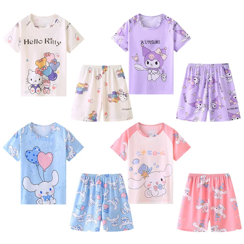 Kawaii Sanrios Hello kittys Kuromi Cinnamoroll Children's Summer Thin Pajama Two-piece Set Cute Short Sleeved Shorts Home Clothe