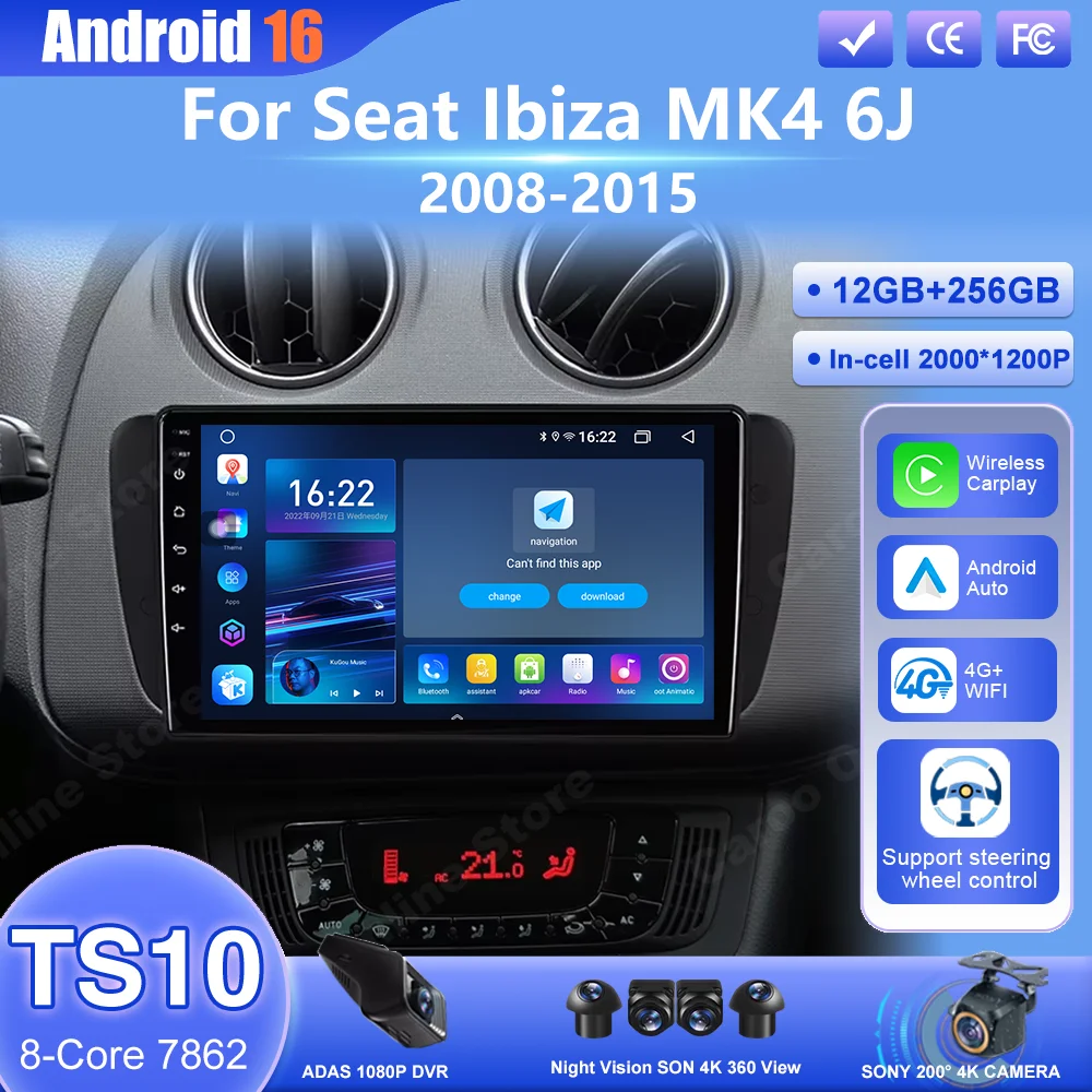 Android 16 Radio de coche para Seat Ibiza MK4 6J 2008-2015 reproductor Multimedia automático CarPlay Android Auto GPS Bluetooth 4G WIFI unidad principal 1