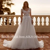 Woman Bride Wedding Dresses Customized Illusion Long Sleeves Flower Applique A Line Tulle Boho Bridal Gown Robe De Mariage 1
