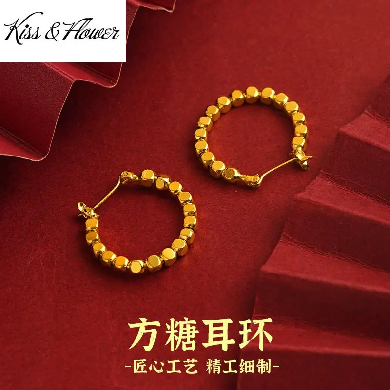 

KISS&FLOWER ER434 Fine Jewelry Wholesale Woman Girlfriend Party Birthday Wedding Christmas Gift Beads 24KT Gold Hoop Earrings