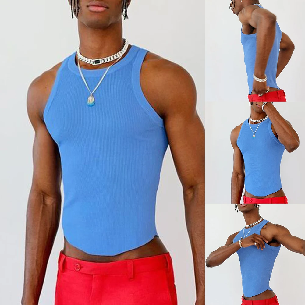 Description Picture 2 of itemSolid Color O Neck Men's Sleeveless Tank Top Summer Casual Vest Streetwear for Fitness Blue Polyester Material
