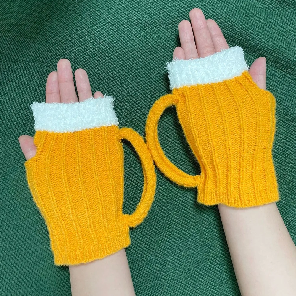 3D Beer Mug Gloves Half Finger Warm Gloves Yellow Beer Glass Unisex Woolen Yarn Knitting Autumn Winter Funny Gift half finger gloves warm gloves