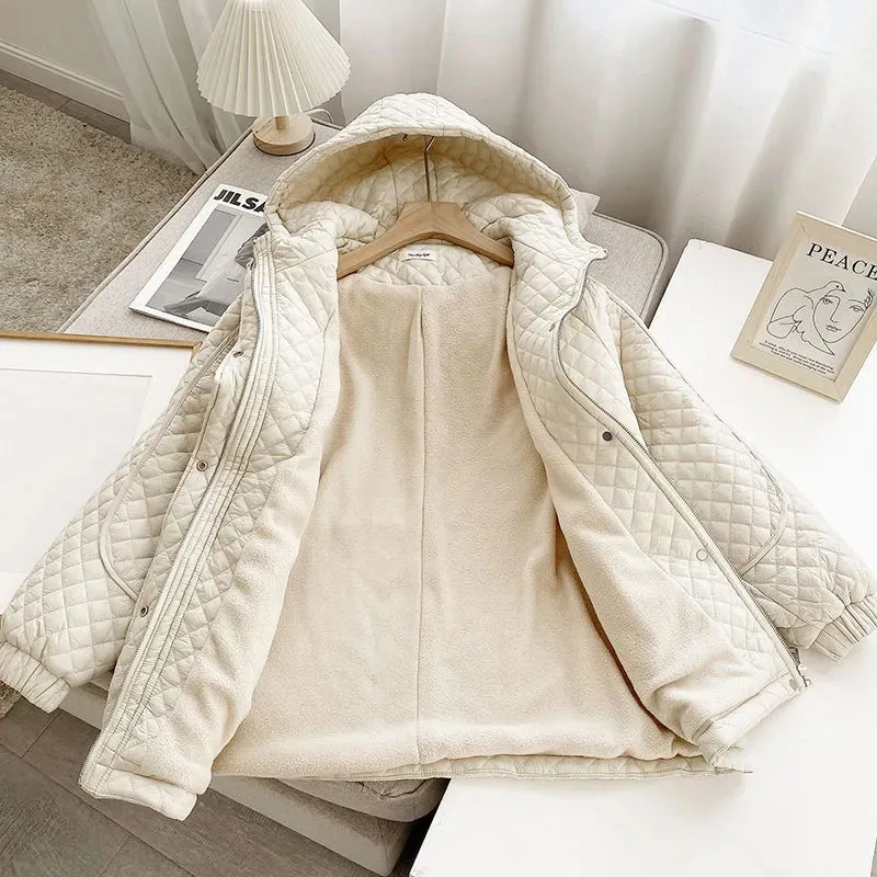 

New Women Diamond Check Down Cotton Coat Winter Plus Wool Thick Padded Jacket Hooded Parker Outerwear Female Long Cotton Clothes