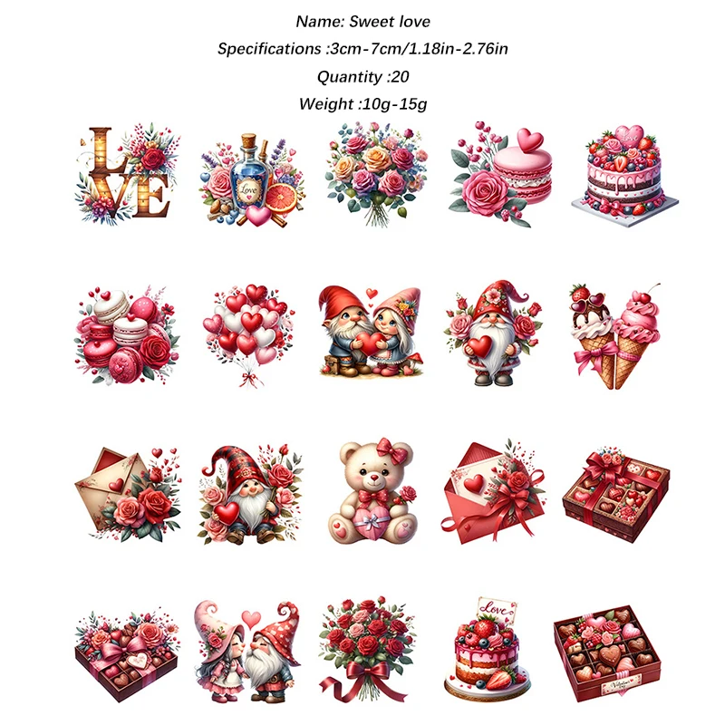 Valentine's Day Stickers Set of 20 Love Heart Gnome Rose Cake Pattern Red Romantic Valentine Stickers