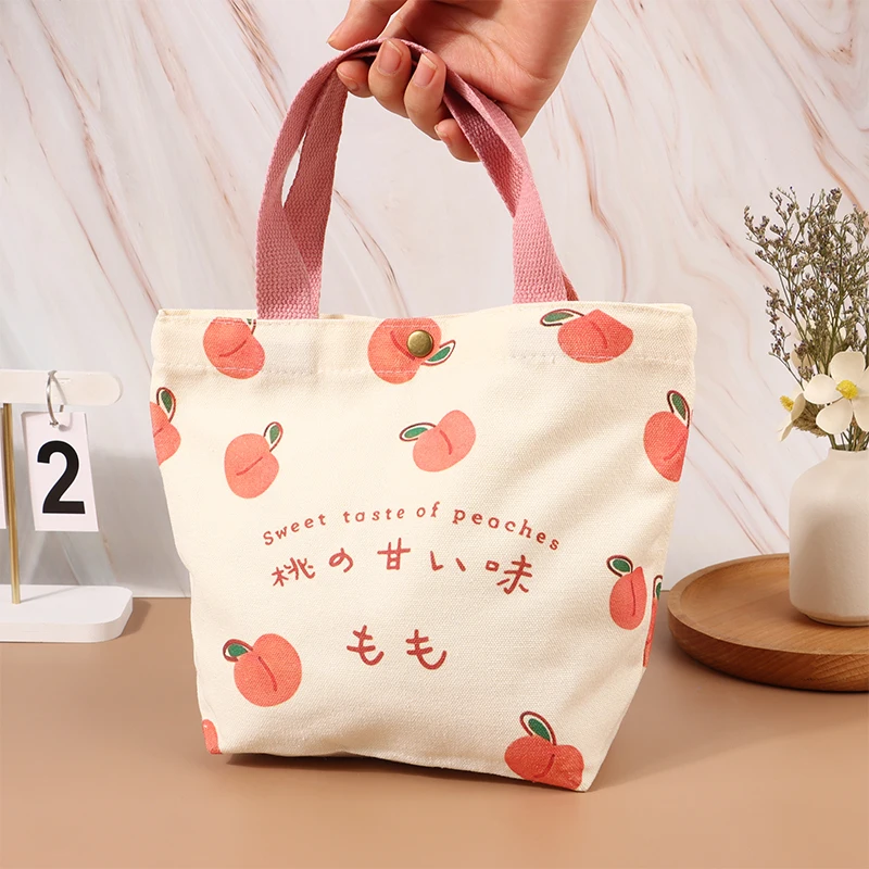 Small Canvas Women Tote Food Bag Japanese Peach Hand Lunch Bag Korean Mini Student Handbags Cotton Cloth Picnic Travel Bento