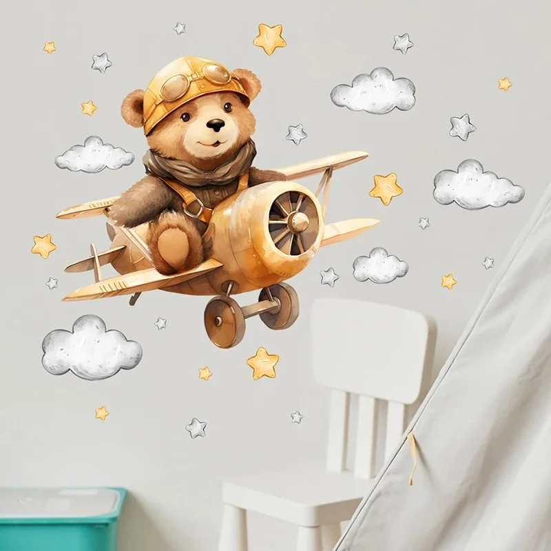 Cartoon Bear Pilot Flying Airplane Stars Clouds Wall Stickers for Kids Room Children Bedroom Playroom Nursery Decoration Decal