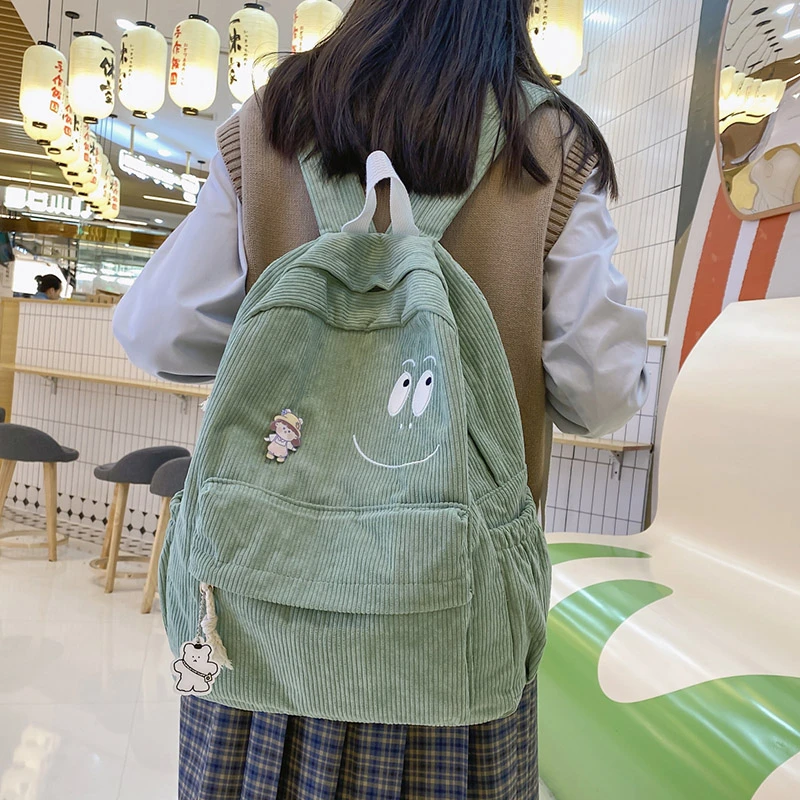 Fashion Corduroy Backpack Women Stripe Cute School Bag For Girls Kawaii Solid Color Travel Backpack Female Shoulder Bag Mochila