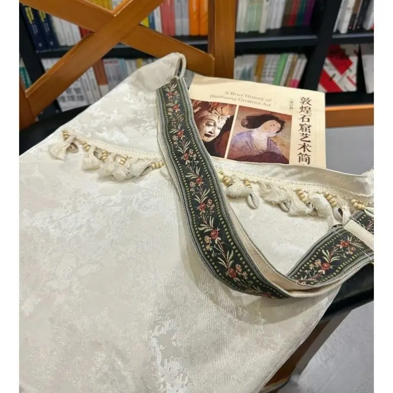 JIAERDI Fairycore Aesthetic Beige Messenger Bag Women Chinese Style Tassel Embroidery Y2k Bags Female Versatile Casual Handbag