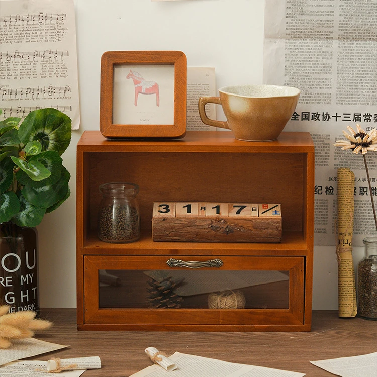 

Vintage Wooden Drawers Storage Shelf Home Makeup Organizer Box Decoration Book Kitchen Accessories Table Bedroom