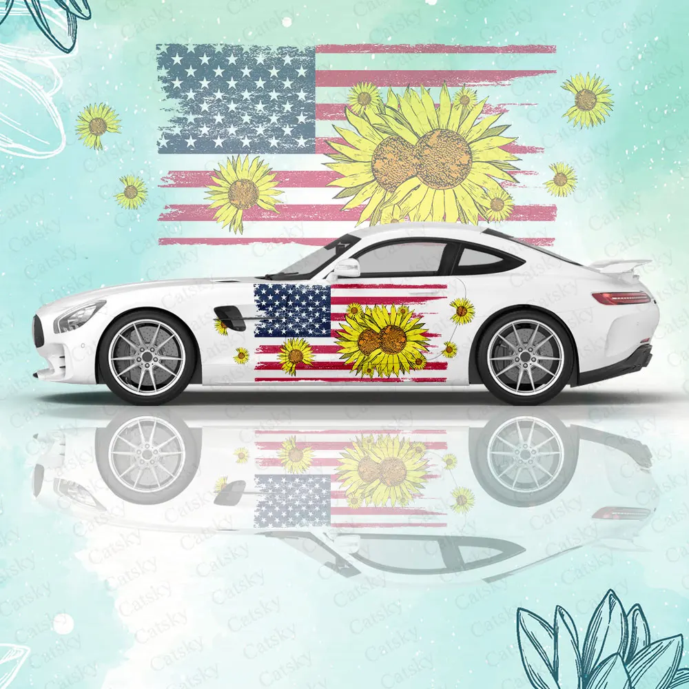 

Custom Sunflower US Flag Car Sticker Decal Hood Door Body Vinyl Sticker Graphic Wrap New Car Sticker Decoration Accessories