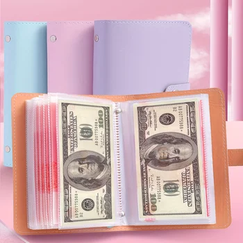 1 livre de rangement de billets de banque en matériau PU, peut contenir 100 billets de banque, avec photos de billets de banque, timbres, livre de rangement de cartes bancaires 1