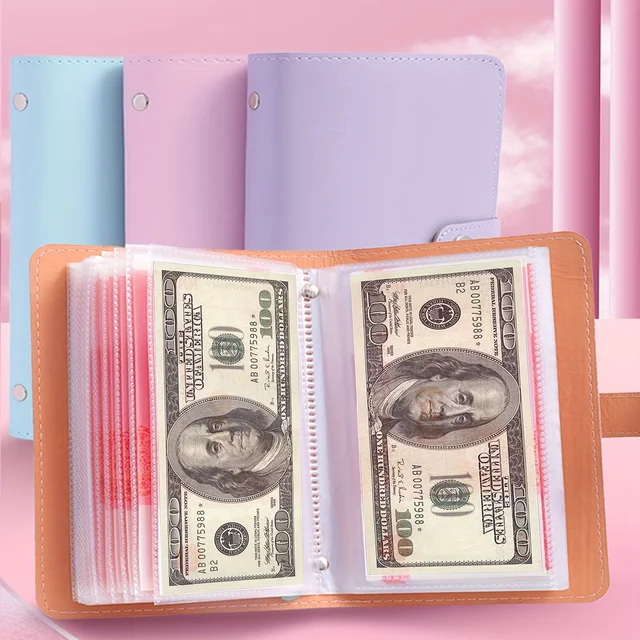 1 livre de rangement de billets de banque en matériau PU, peut contenir 100 billets de banque, avec photos de billets de banque, timbres, livre de rangement de cartes bancaires 1