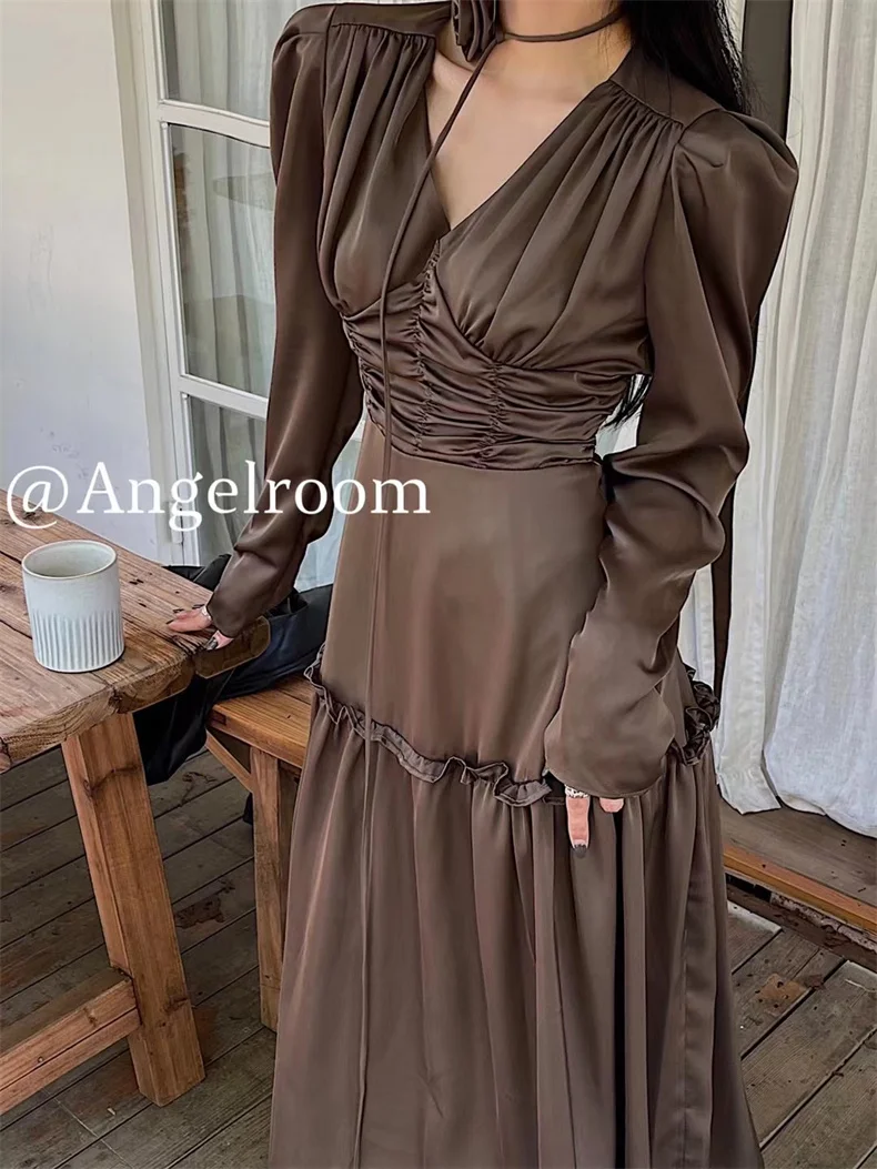 Autumn Satin Midi Dresses for Women Long Sleeve V-neck Folds Design A-line Korean Fashion Office Lady One Piece Vestidos New