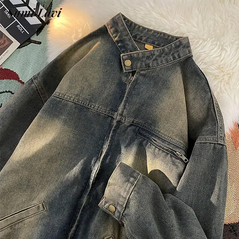 

Vintage Denim Jacket Coat For Men Streetwear Fashion Loose Stand Collar Zip-up Y2K Jackets Mens Long Sleeve Denim Coats Hip Hop