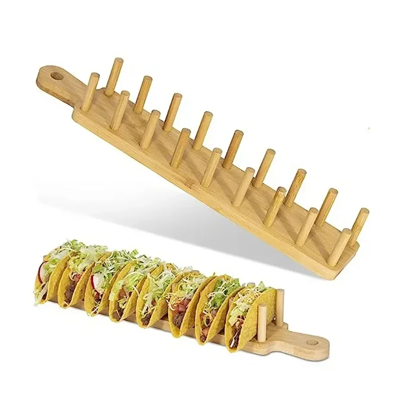 Bamboo Wooden Taco Holder Taco Display Stand Burrito Tortilla Plate Tray Food Holder Potato Chips Corn Roll Rack Kitchen Tool