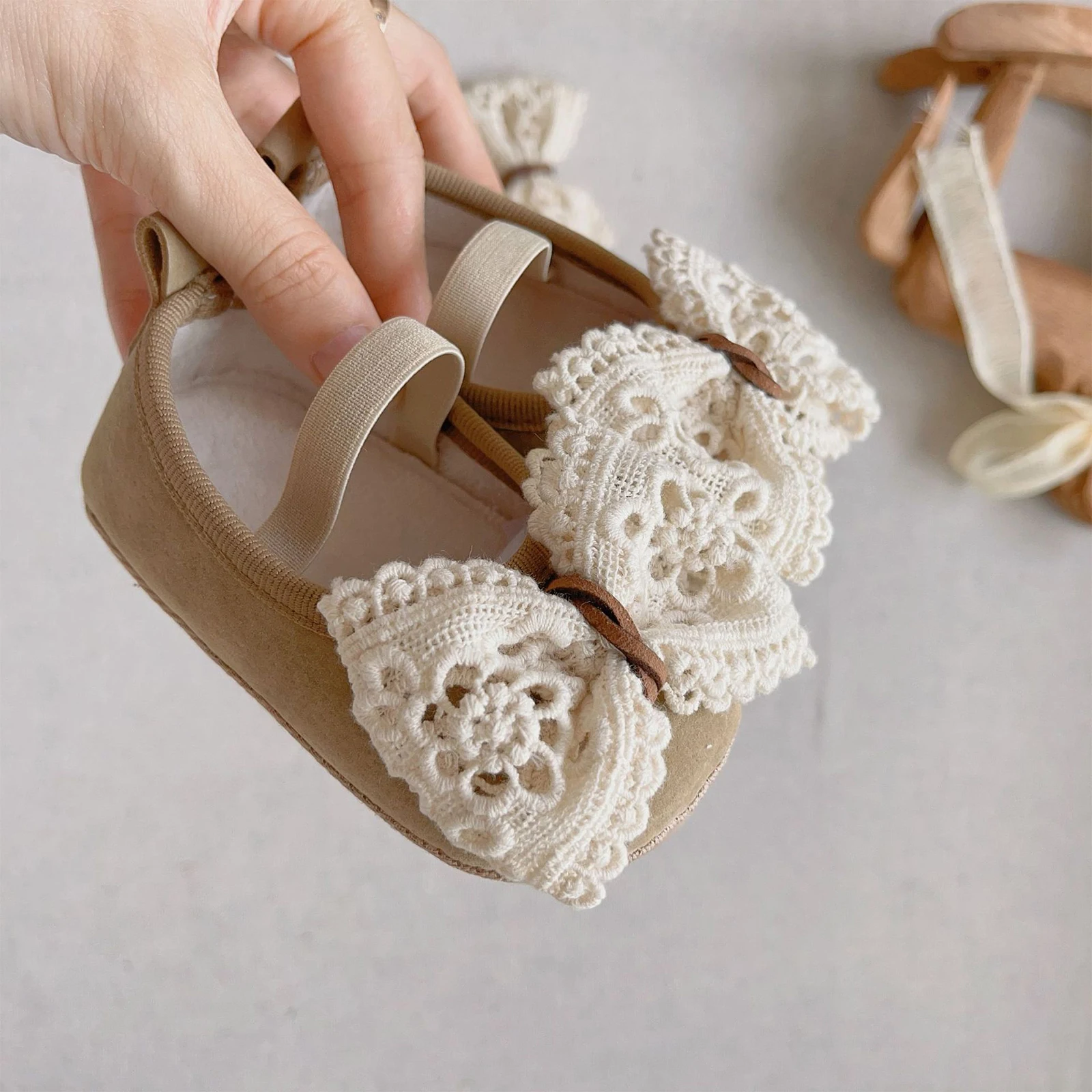 MISOWMNJOY Baby Girls Shoes Lace Flower Bowknot Infant Mary Jane Flats Soft Sole Rubber Non-Slip Crib Shoes for Toddlers 4