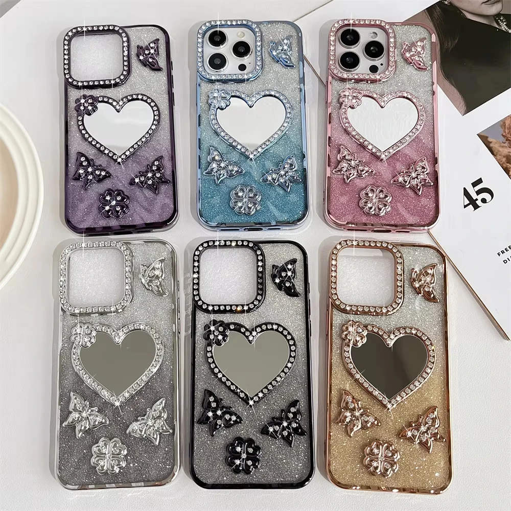 Luxury Electroplate Love Butterfly Diamond Phone Case For IPhone 16 15 14 13 12 11 Pro Max Transparent Glitter Mirror Back Cover