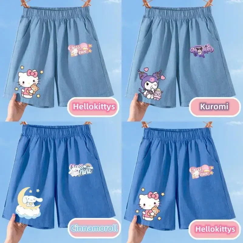

Sanrios Hellokittys Cinnamoroll Kuromi аниме Kawaii Tencel шорты для девочек повседневные летние детские брюки удобная детская одежда