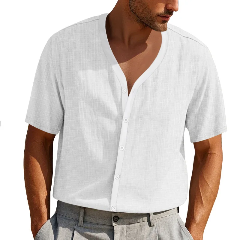 Mens Linen V Neck Short Sleeve Summer Business Shirts