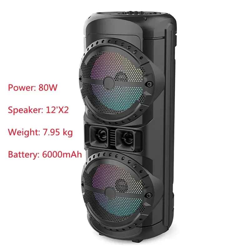 대용량 무선 블루투스 스피커, 80W, 듀얼 12 인치 스피커, 컬럼 야외 휴대용 스퀘어 댄스 서브우퍼, 마이크 포함