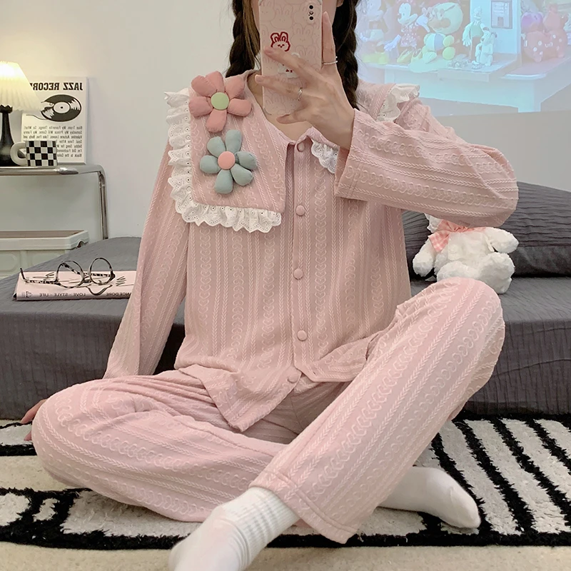 Spring pajamas women's jacquard knitted cotton long-sleeved cardigan girls' pajamas home wear Korean version solid color suit